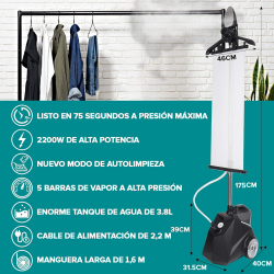 PLANCHA DE VAPOR VERTICAL DE 2200 W, 5 BAR CON DEPÓSITO DE AGUA 3.8L