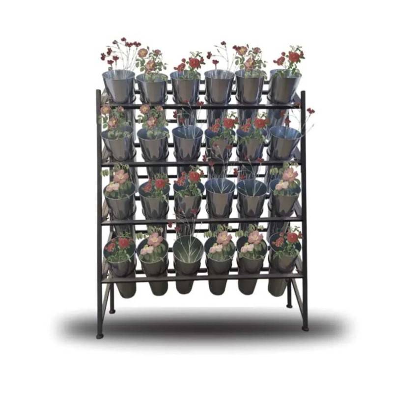 花架 - 四层立体 - 24个花桶 - 象牙灰框 - 114x32x152cm