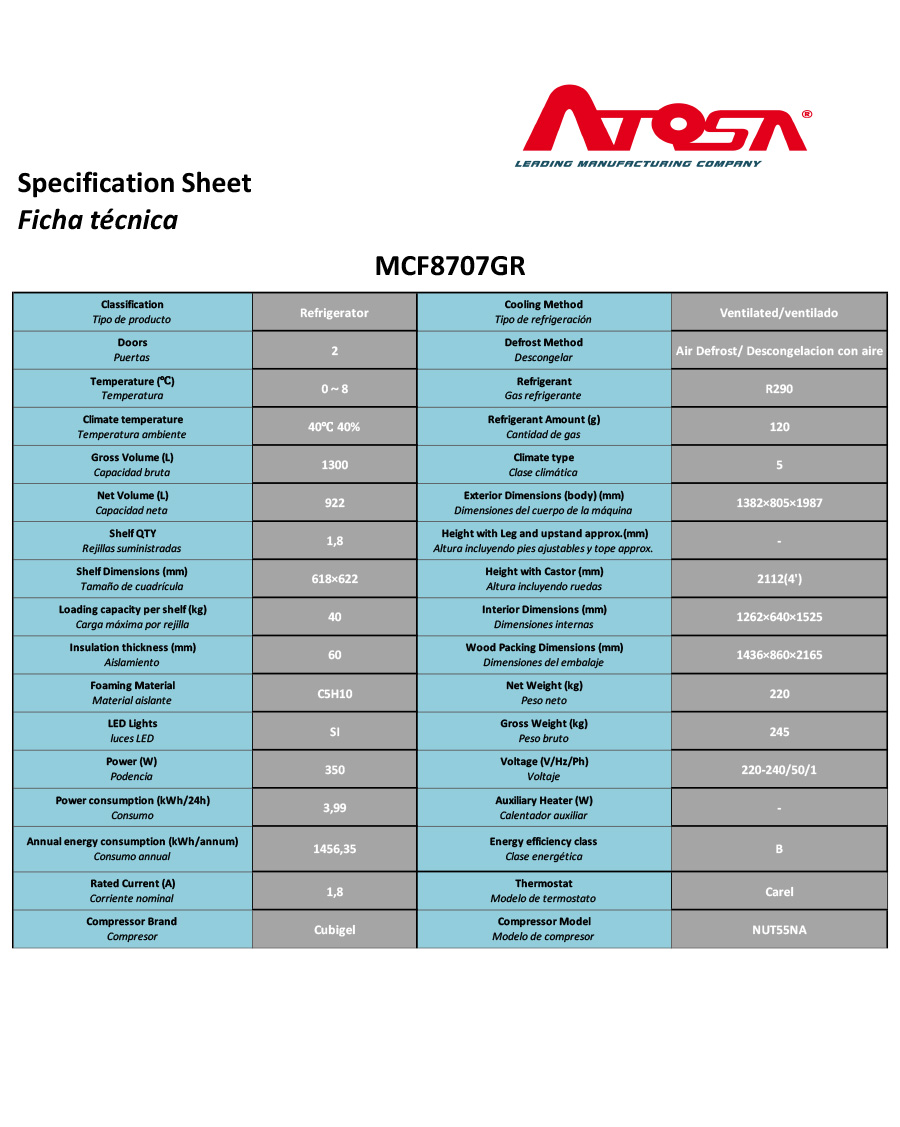ARMARIO FRIGORÍFICO CRISTAL- VENTILADO - 220-240V/350W 3.99kWh/24H Capacidad 1300L - N.2 Puertas de CristaL- TEMP. 0°/ +8°C - Dim. L1382xP805xH2112mm Energy B 大二门冷藏陈列柜 -