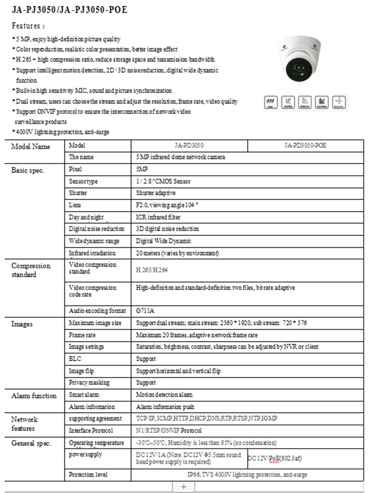 Camara videovigilancia 5MP IP POE ONVIF H265/H264 IP66 F2.0 4MM 12V/1A AVITOM 500万半圆摄像头,不含充电器 - Camara videovigilancia摄像头